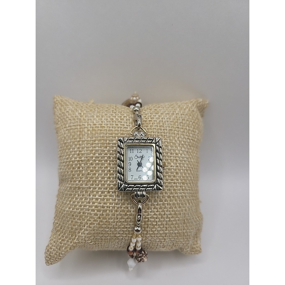 Vintage Swap Beaded Bracelet Watch Square Case Quartz Beach Boho